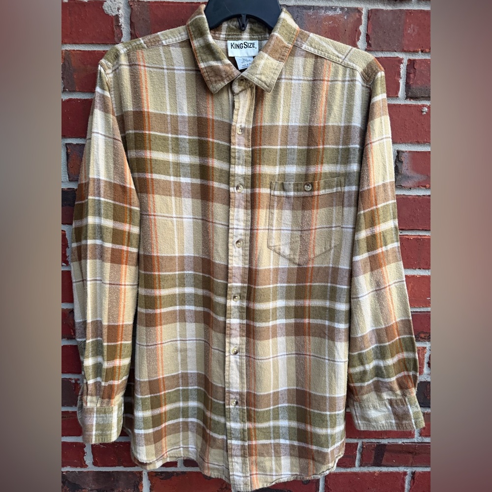 King Size Men’s Long Sleeve Button Down Tan/Green Plaid Flannel XLT Shirt T1